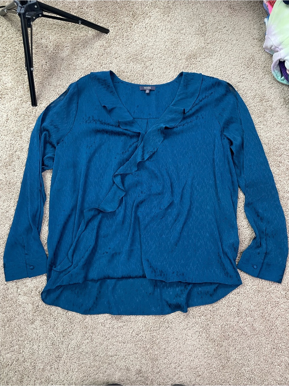 NYDJ Teal Ruffle Split-Sleeve Blouse - Picture 2 of 16